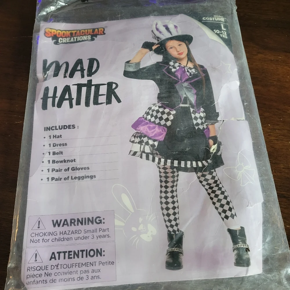 Kids Mad Hatter Costume Deluxe Alice Wonderland Dress Outfit L 10-12 Set